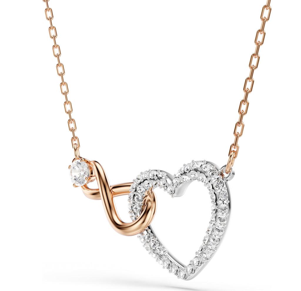 Hyperbola: White Infinity and Heart Crystal Rosegold & Silver Necklace