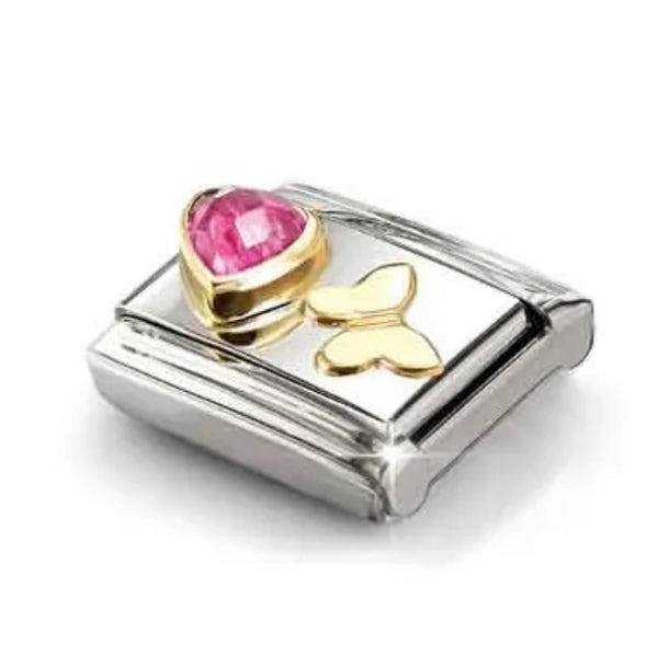 Love - Pink CZ Heart & Butterfly Gold Charm