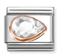 Gemstone - White CZ Right Drop Faceted Rosegold Charm