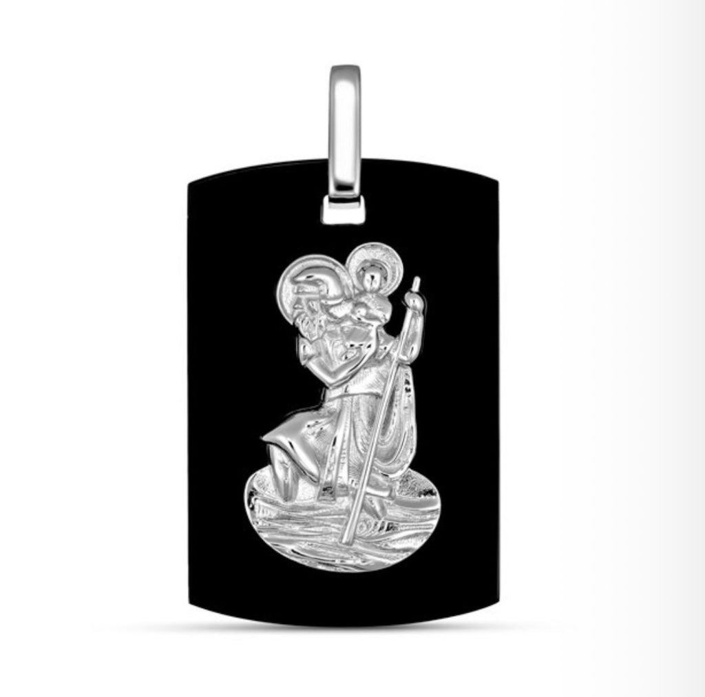 Black Onyx Silver St Christopher Dog Tag Pendant