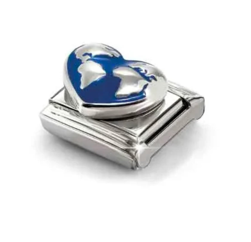 Symbol - World Map Heart with Blue Enamel Silver Charm