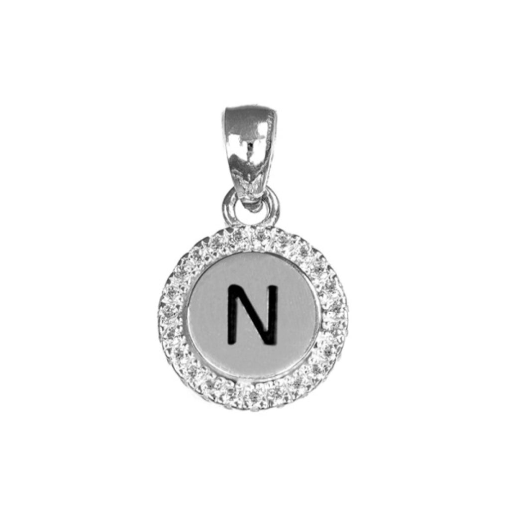 Round White CZ Silver Initial Charm