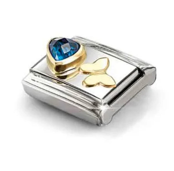 Love - Blue CZ Heart & Butterfly Gold Charm