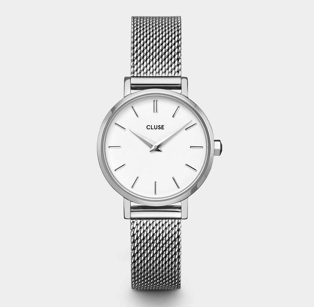 CLUSE Chic Petite Silver/White Mesh Watch