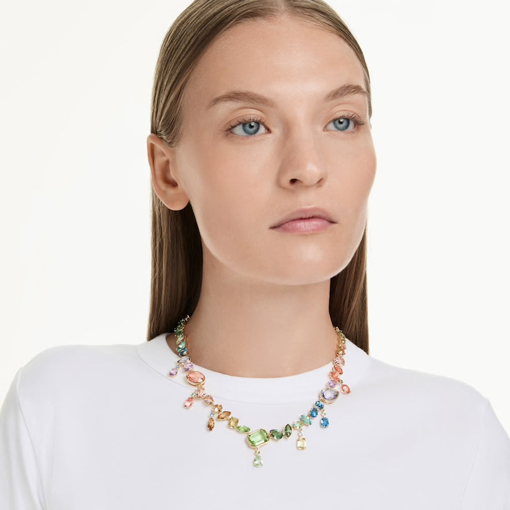 Gema: Multicoloured Mixed Cuts Dangling Crystals Gold Necklace