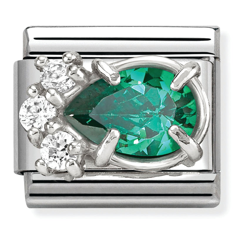 Gemstones - Raised White & Green CZ Teardrop Silver Charm