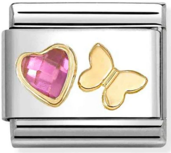 Love - Pink CZ Heart & Butterfly Gold Charm