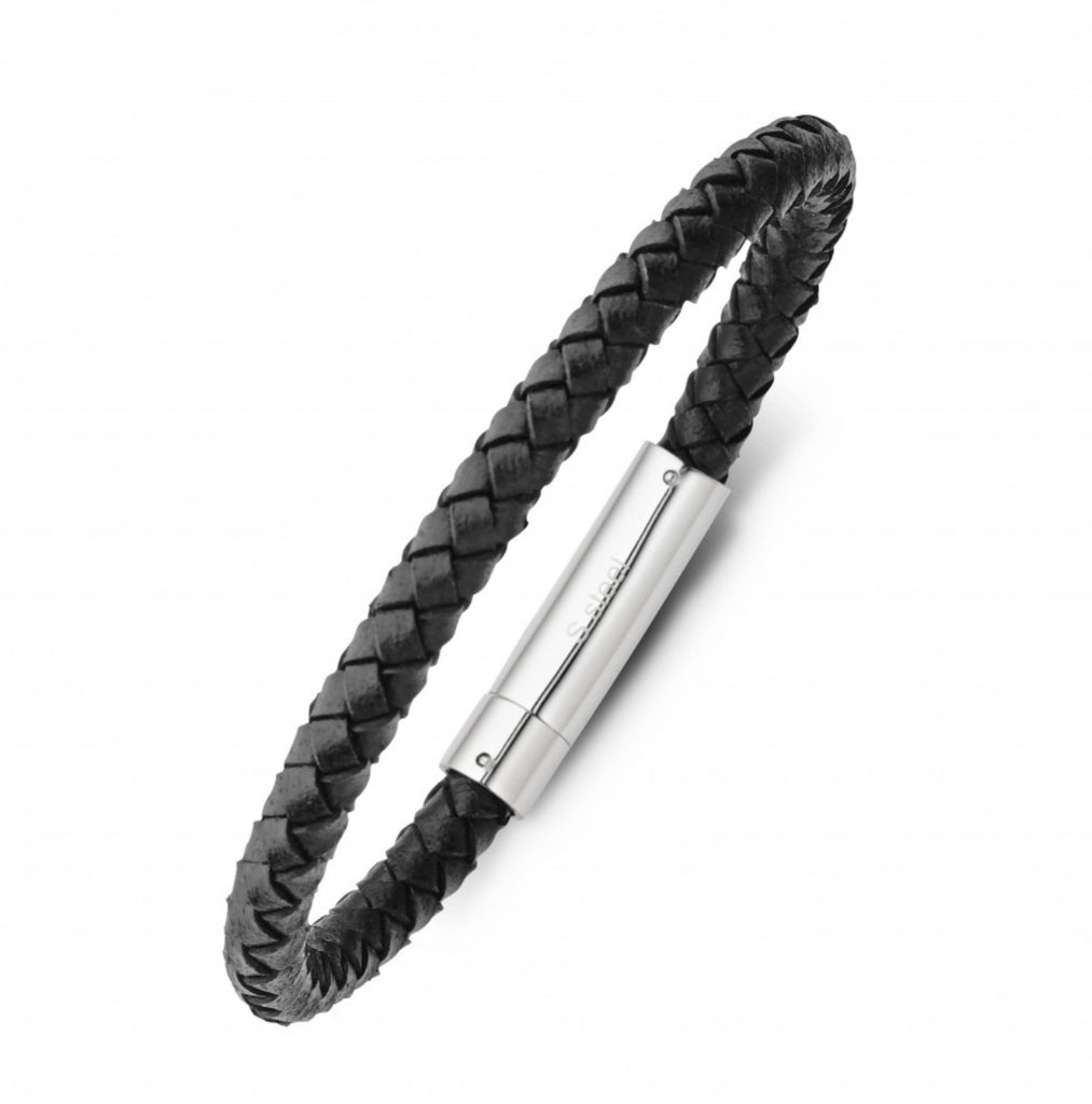 Bracelet - Blaze Stainless Steel Men’s Black Leather Plaited with Silver Clasp