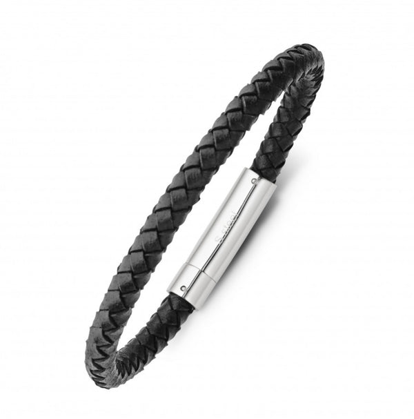 Bracelet - Blaze Stainless Steel Men’s Black Leather Plaited with Silver Clasp