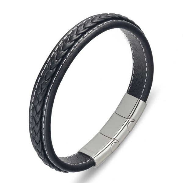 Bracelet - Blaze Stainless Steel Men's Leather Bangle with Stitching - 3 colours