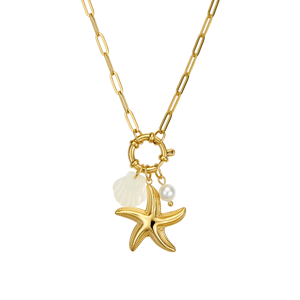 Seren Stainless Steel - Starfish, pearl & shell Multi-charm Necklace