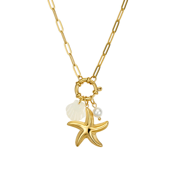 Seren Stainless Steel - Starfish, pearl & shell Multi-charm Necklace