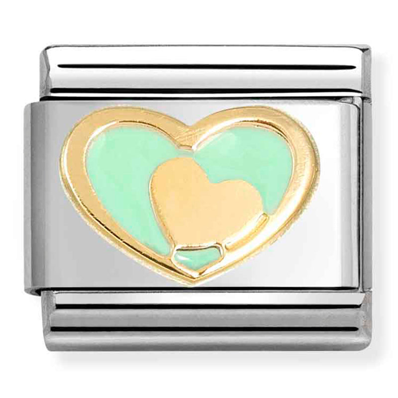 Love - Coloured Light Green Heart in Heart Gold Charm
