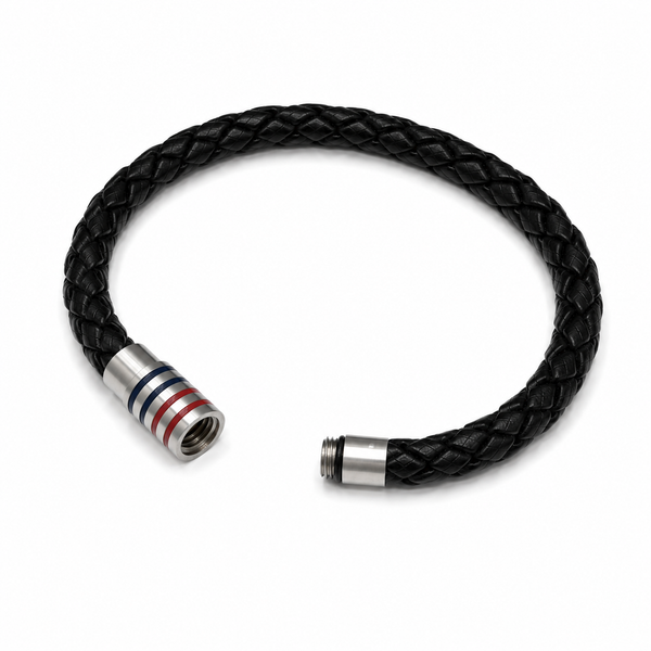 Black Leather Bangle with Red & Blue Screw Magnet Clasp