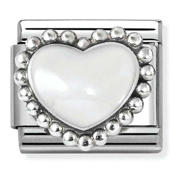 Love - Raised White with Beaded Dots Heart Silver Charm