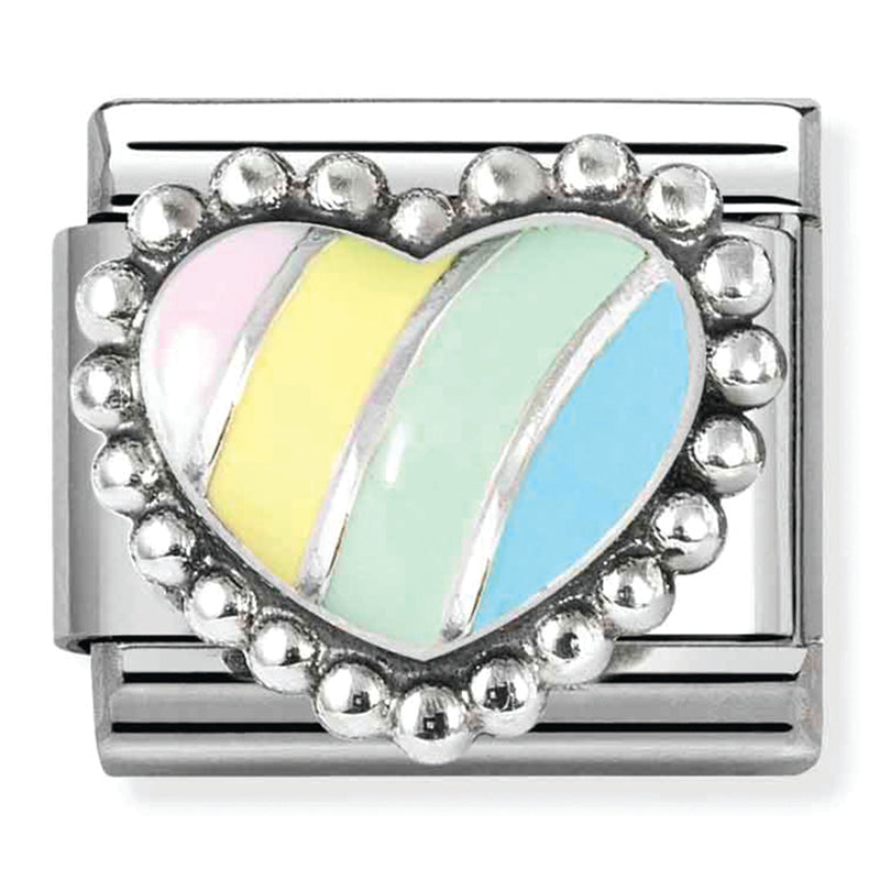 Love - Raised Pastel Striped Multicoloured with Beaded Dots Heart Silver Charm