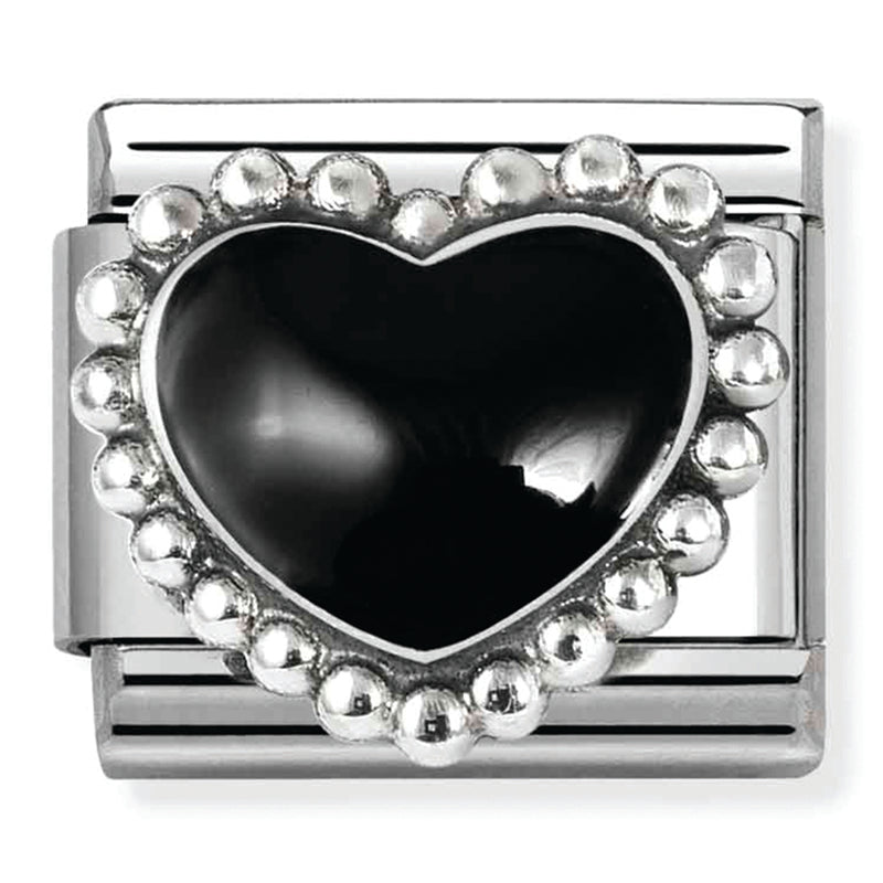 Love - Raised Black with Dots Beaded Heart Silver Charm
