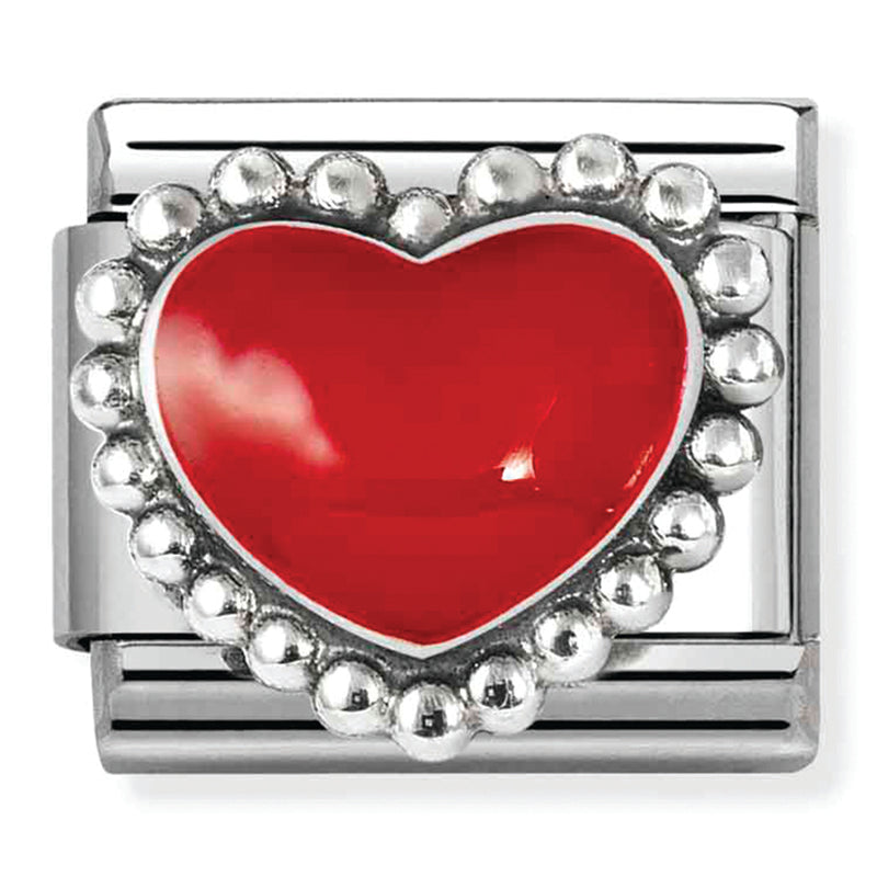Love - Raised Red with Dots Beaded Heart Silver Charm