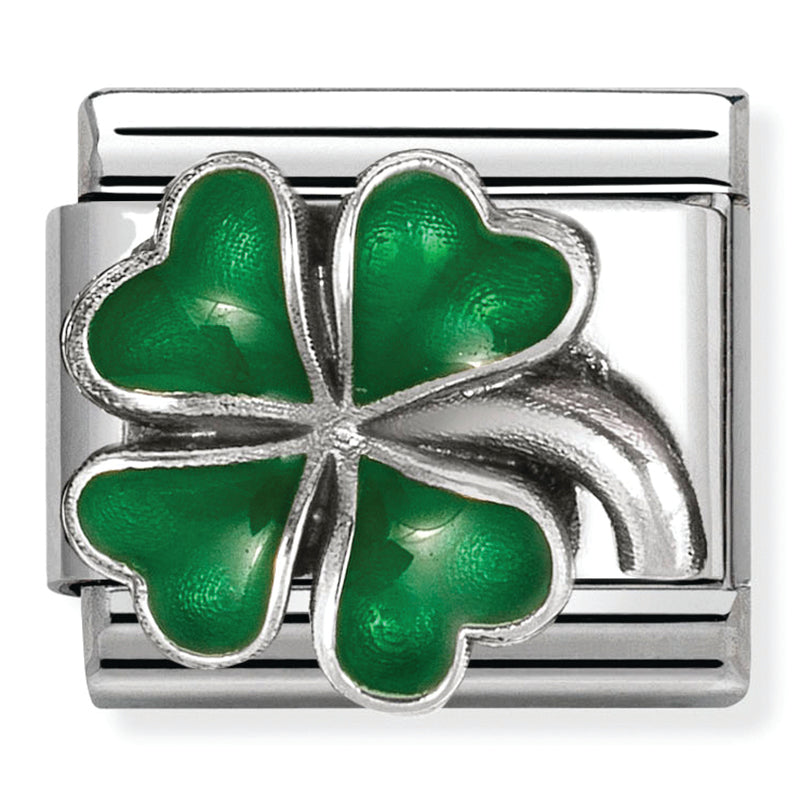Good Luck - Raised Green Four Leaf Clover Silver Charm