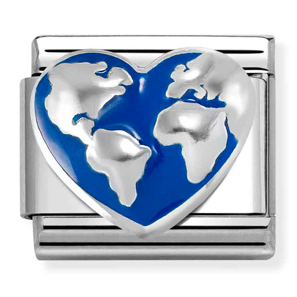 Symbol - World Map Heart with Blue Enamel Silver Charm