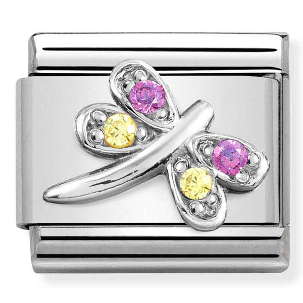 Animals - Lilac & Yellow Dragonfly CZ Silver Charm
