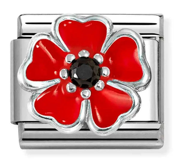 Nature - Red Poppy with Black CZ Silver Charm