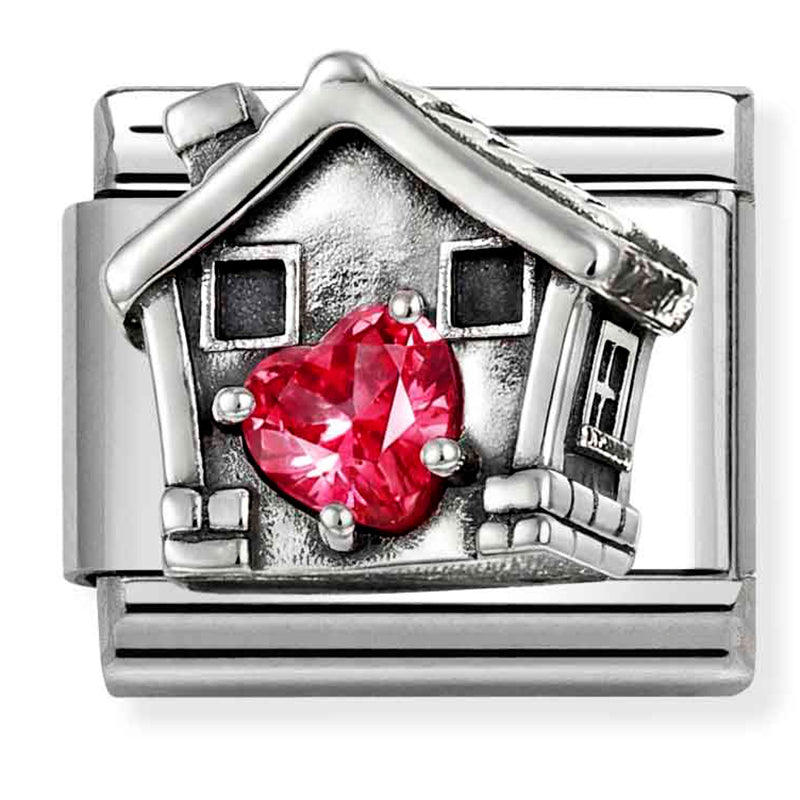 Symbol - House with Red CZ Heart Silver Charm