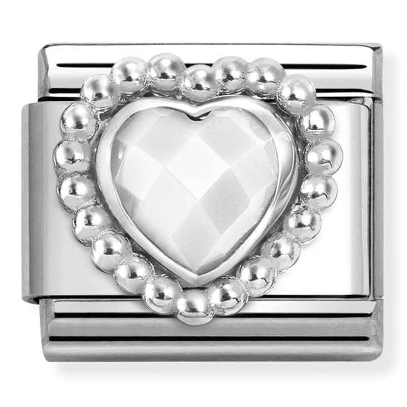 Love - White Opalescent Faceted CZ Heart with Beaded Dots Silver Charm