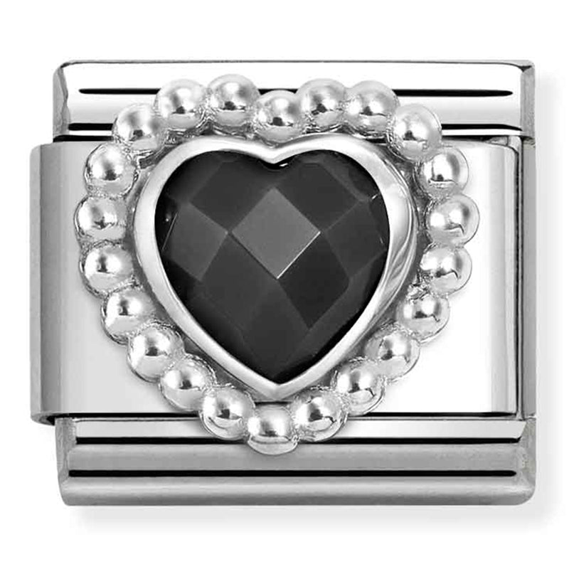 Love - Black CZ Faceted Heart with Beaded Dots Silver Charm