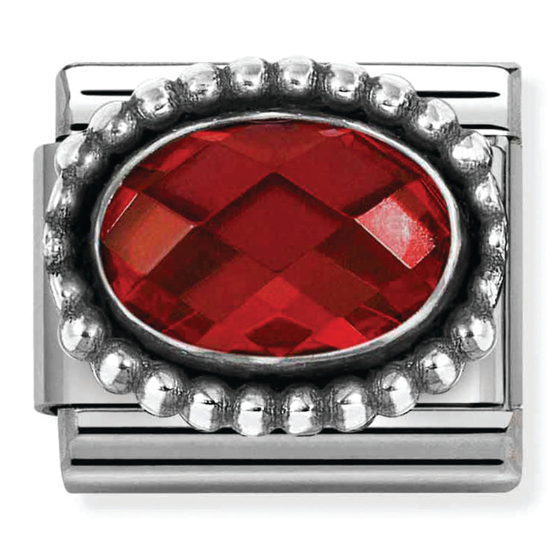 Gemstones - Oval Red Faceted CZ Oxidised Silver Charm