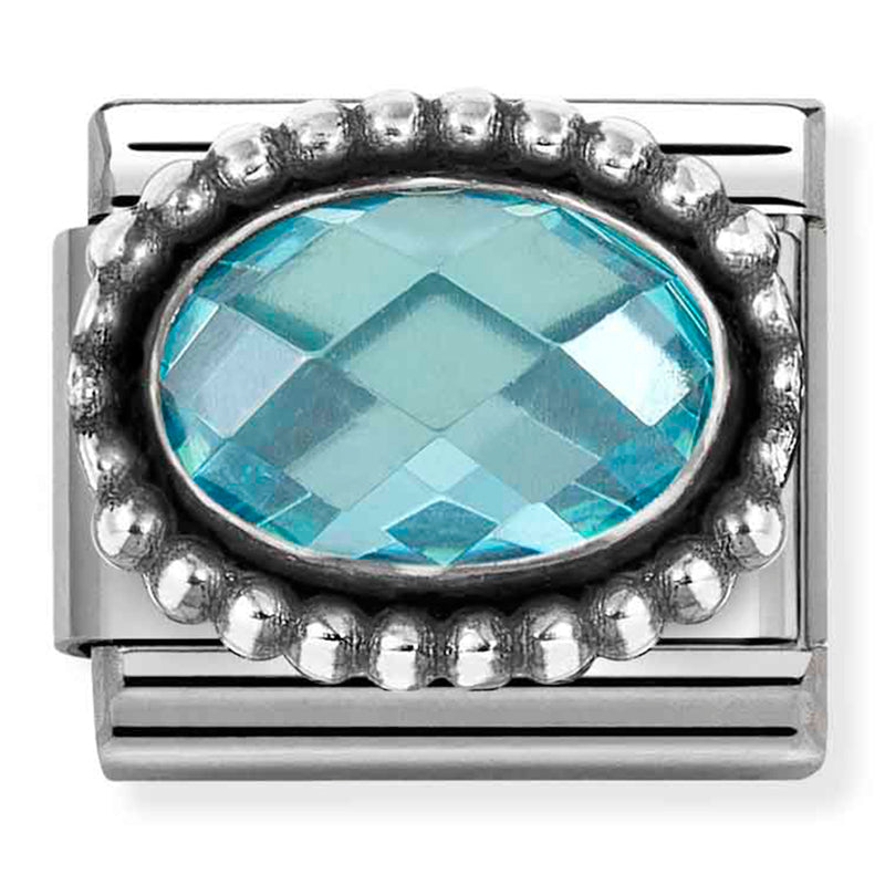 Gemstones - Oval Light Blue Faceted CZ Oxidised Silver Charm