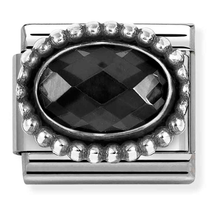 Gemstones - Oval Black Faceted CZ Oxidised Silver Charm