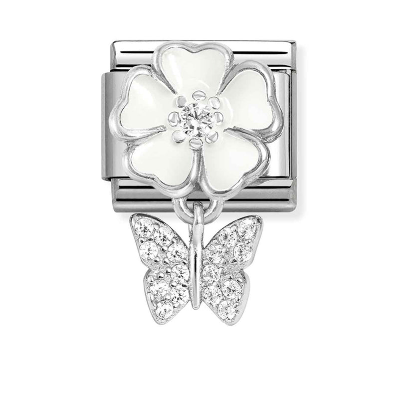 Dangle - White Flower & Butterfly CZ Drop Silver Charm