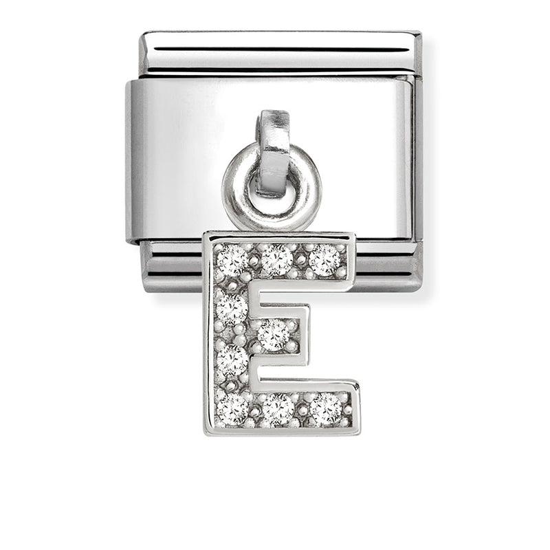 Silver - Letter E with CZ Dangle Charm
