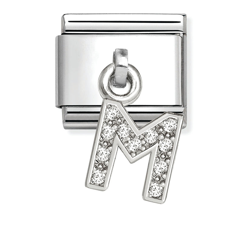 Silver - Letter M with CZ Dangle Charm