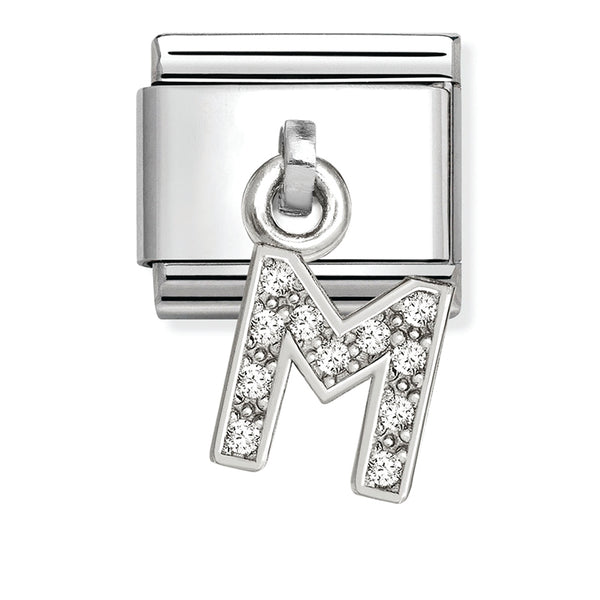 Silver - Letter M with CZ Dangle Charm