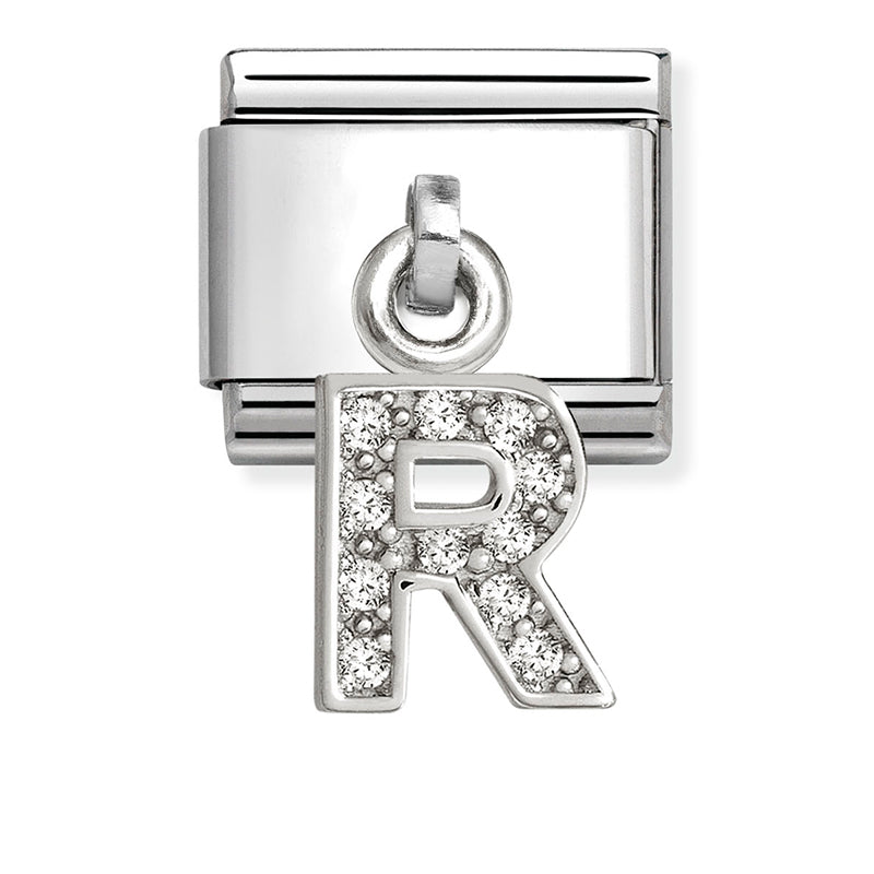 Silver - Letter R with CZ Dangle Charm
