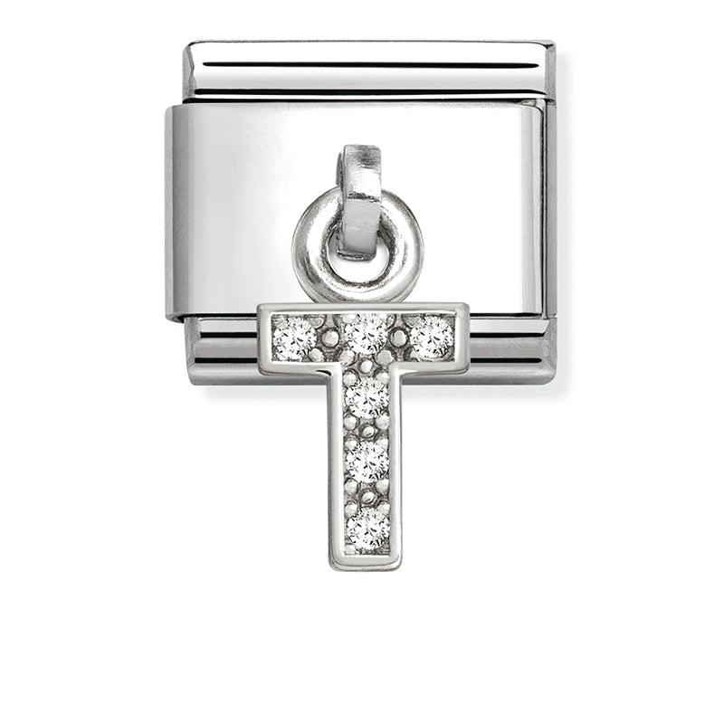 Silver - Letter T with CZ Dangle Charm