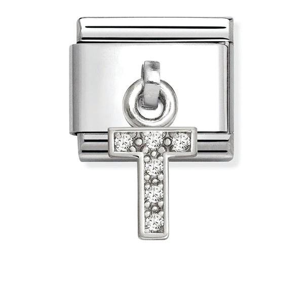 Silver - Letter T with CZ Dangle Charm