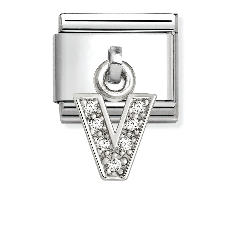 Silver - Letter V with CZ Dangle Charm