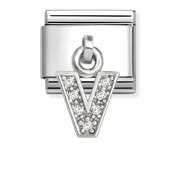 Silver - Letter V with CZ Dangle Charm
