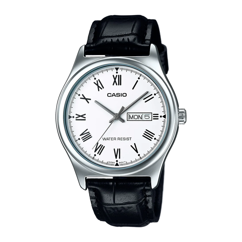 Casio Analogue White Face Day + Date, Black Leather Band Watch