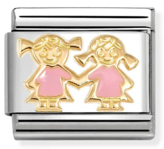 Family - Sisters with Pink Enamel Gold Charm