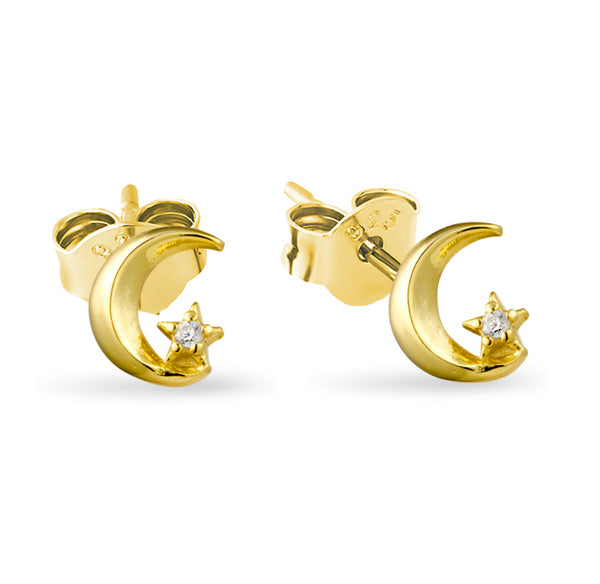 Crescent Moon with CZ Star Gold Stud Earrings