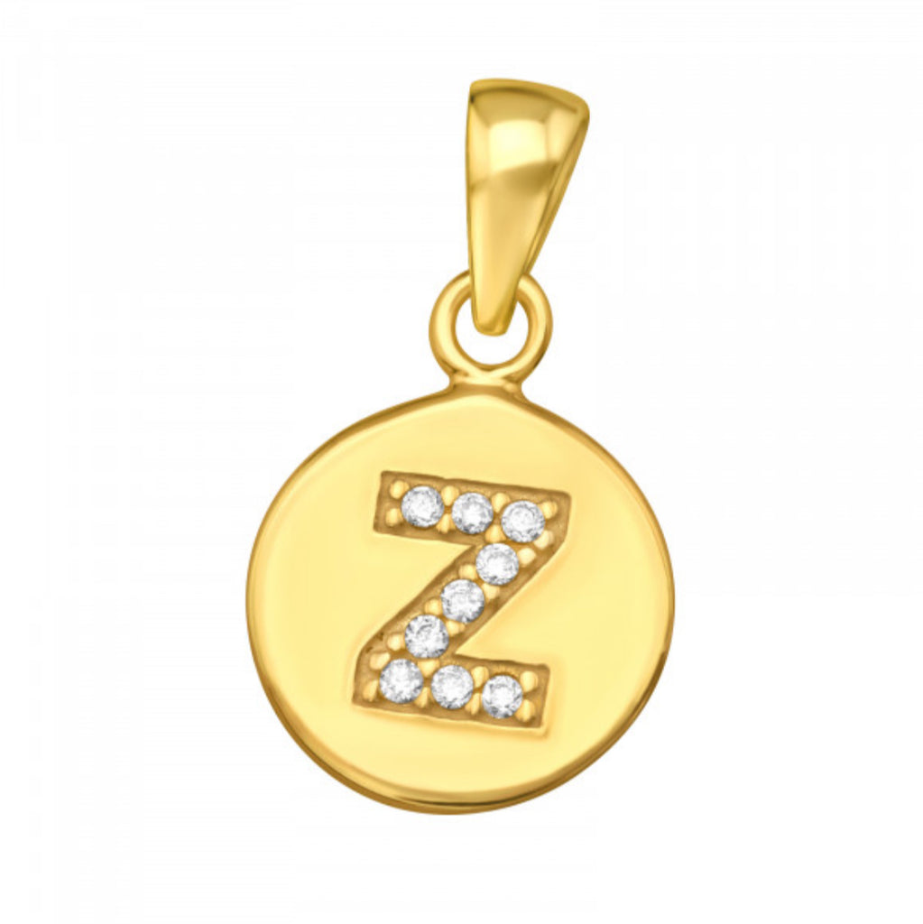 Round Disc White CZ Gold Plated Initial Pendant