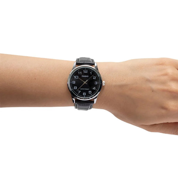 Casio Analogue Black Face, Black Leather Band Watch