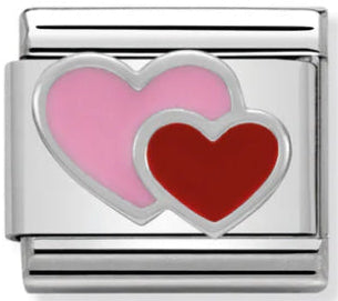 Love - Pink & Red Double Heart Silver Charm