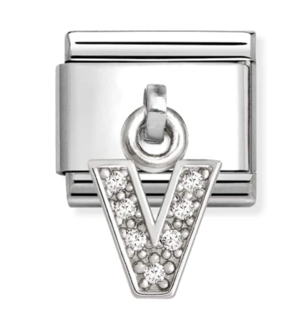 Silver - Letter V with CZ Dangle Charm