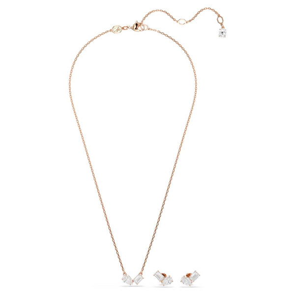 Mesmera: White Pear & Octagon Cut Rosegold Necklace & Earring Set