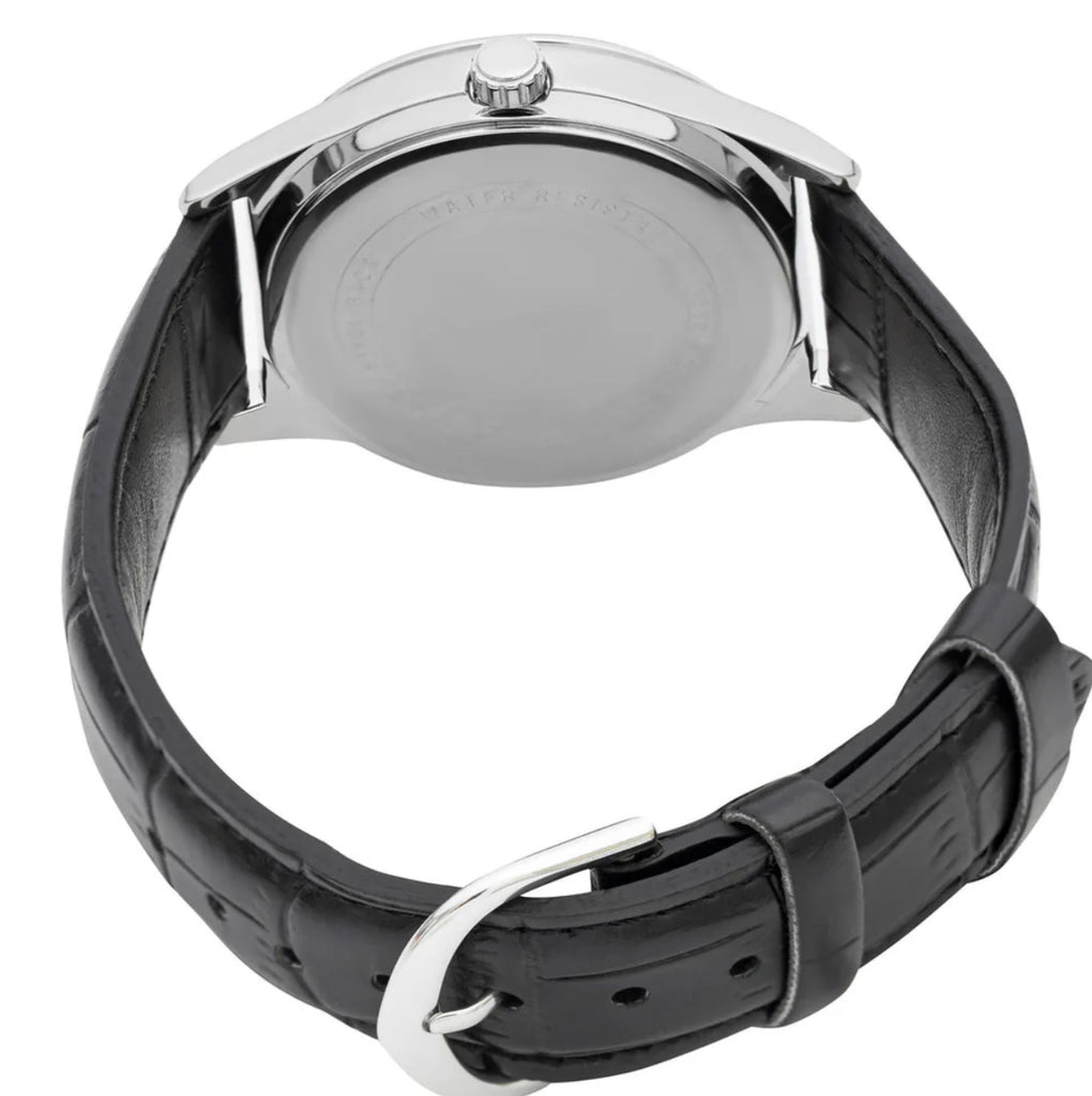 Casio Analogue White Face Day + Date, Black Leather Band Watch